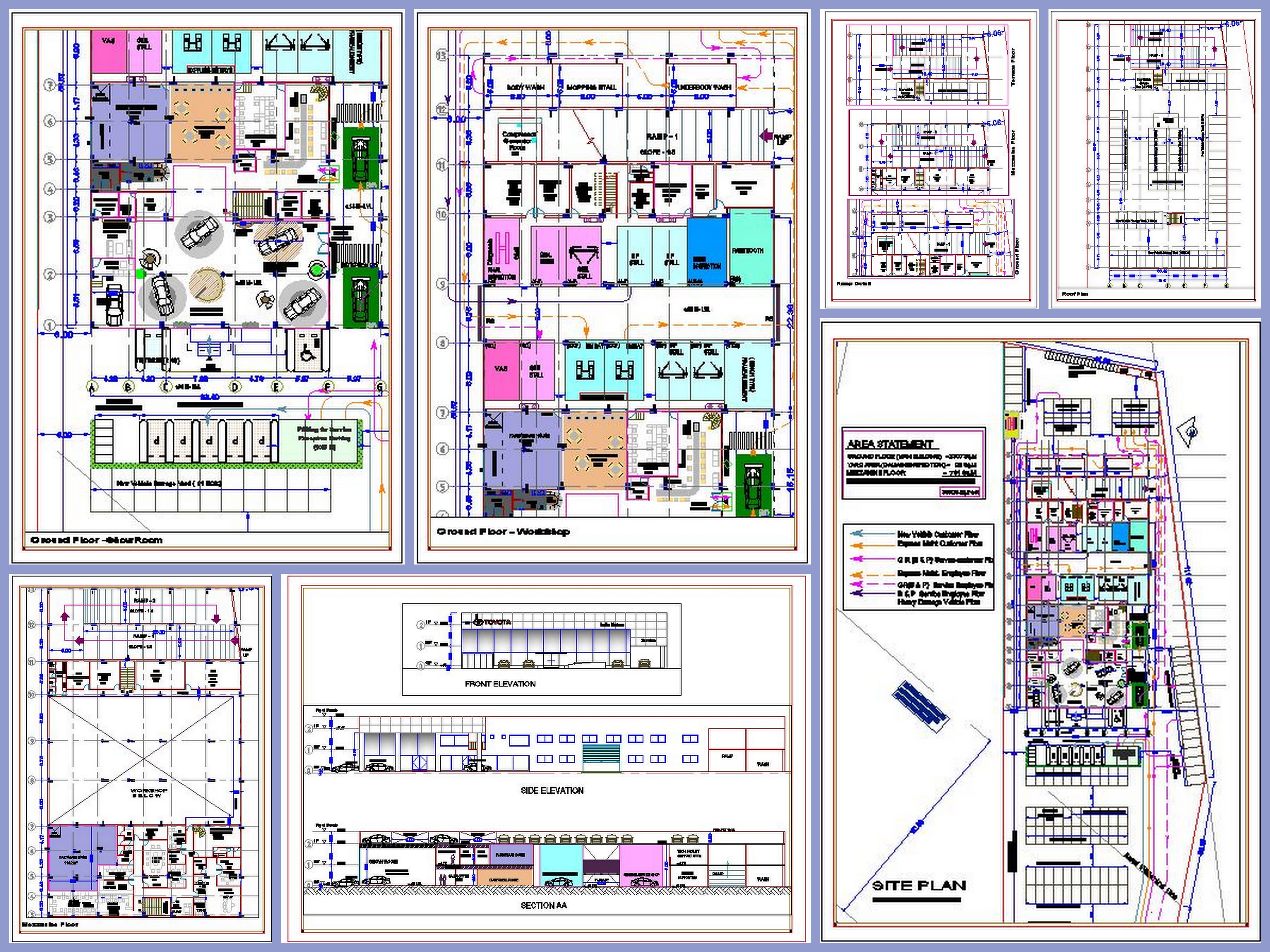 Car Showroom & Workshop CAD- Ground & Mezzanine Layouts